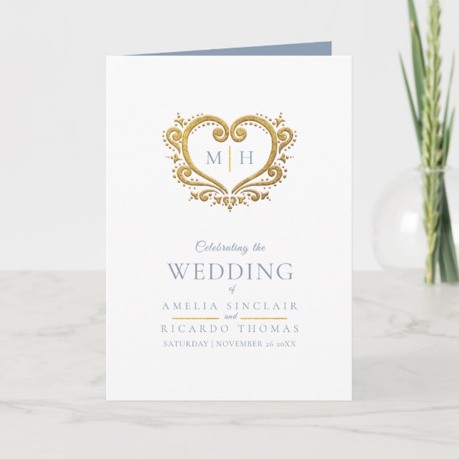 Heart monogram photo gold gray blue wedding program (Front)