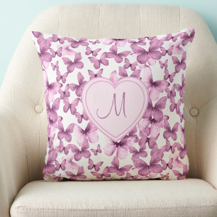 Heart Monogram Pink Butterfly Throw Pillow