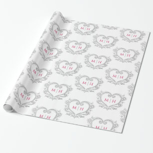 Heart monogram silver berry red white wedding wrapping paper