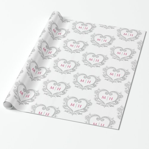 Heart monogram silver berry red white wedding wrapping paper