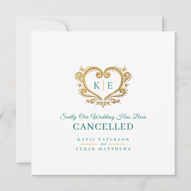 Heart monogram wedding cancelation gold green announcement (Front)