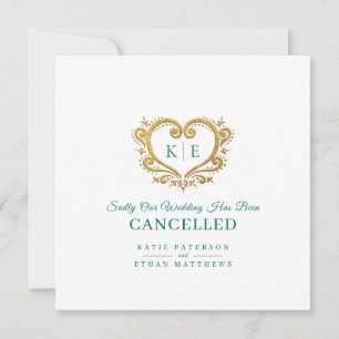 Heart monogram wedding cancelation gold green announcement