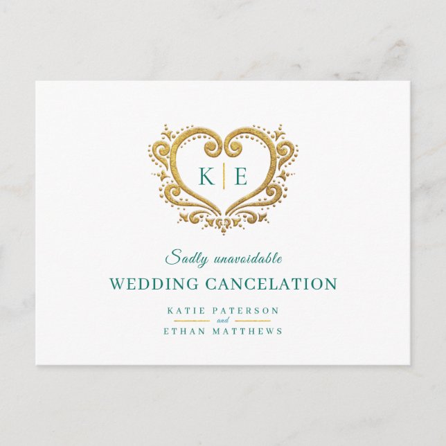 Heart monogram wedding cancelation gold green announcement postcard (Front)