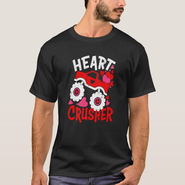 Heart Monster Truck Crusher Valentines Day Cute Bo T-Shirt (Front)