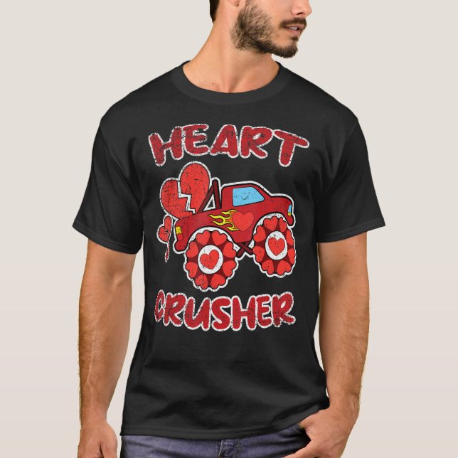 Heart Monster Truck Crusher Valentines Day Love Bo T-Shirt (Front)