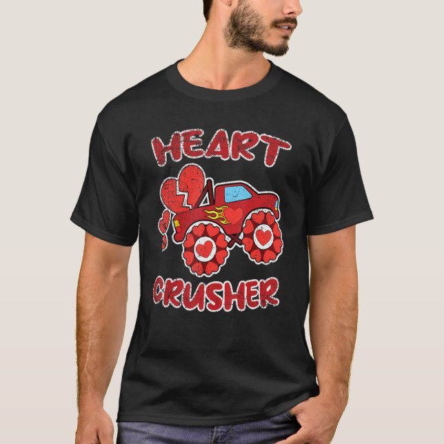 Heart Monster Truck Crusher Valentines Day Love Bo T-Shirt (Front)