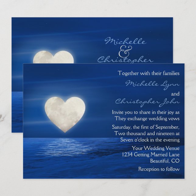 Heart Moon and Snowy Beach Winter Wedding Invitation (Front/Back)