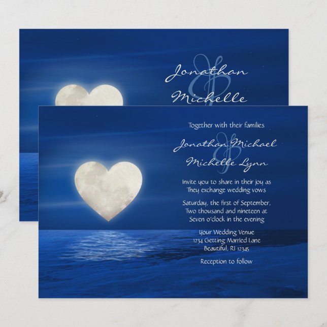Heart Moon with Snow Covered Beach Winter Wedding Invitation (Front/Back)