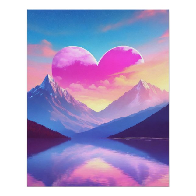 Heart & Mountain Sunset Landscape Art Poster (Front)