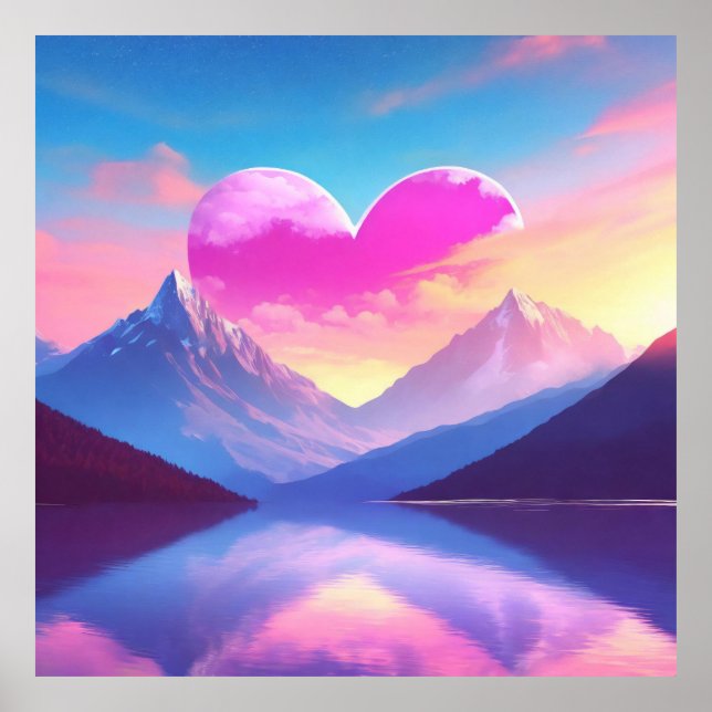 Heart & Mountain Sunset Landscape Art Poster (Front)
