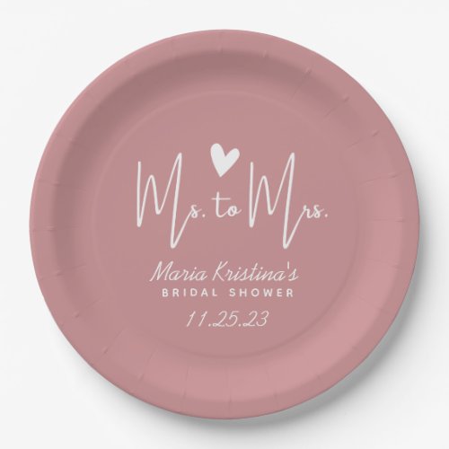 Heart Ms to Mrs Bridal Shower Puce Pink Paper Plates