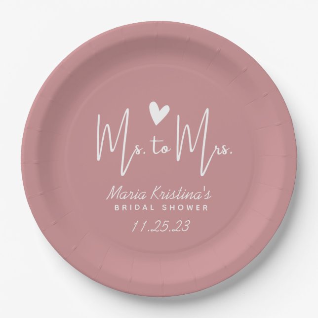 Heart Ms to Mrs Bridal Shower Puce Pink Paper Plates (Front)