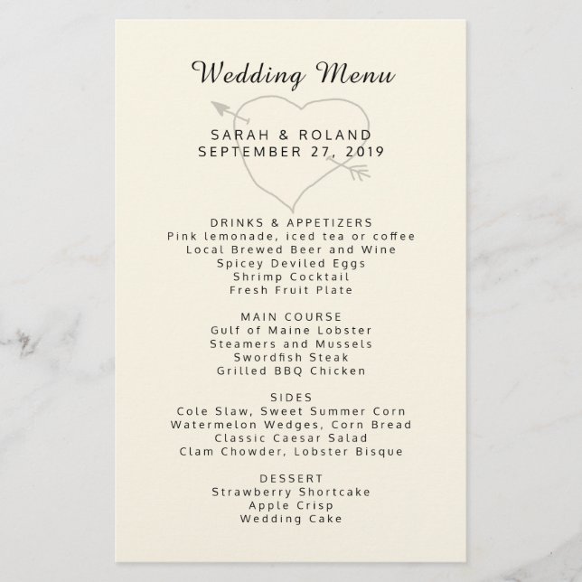 Heart n Arrow Custom Ecru Simple Wedding Menu (Front)