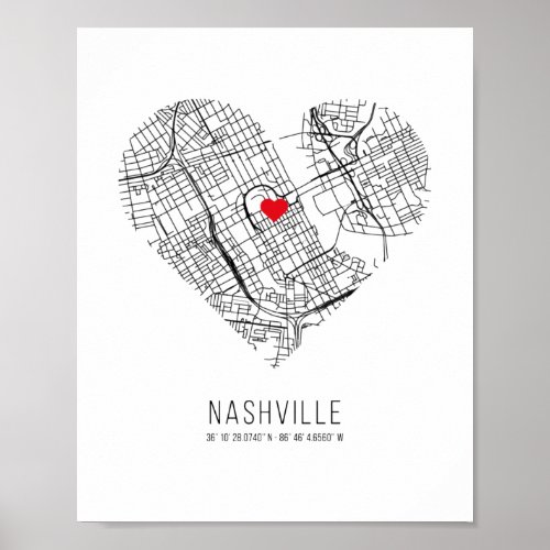 Heart Nashville City Map United States Poster