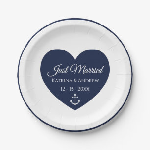 Heart Navy Blue Nautical Just Married Wedding Paper Plates