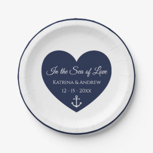 Heart Navy Blue White Anchor Nautical Wedding Paper Plates