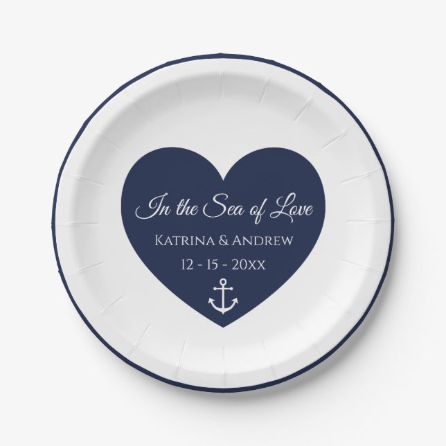 Heart Navy Blue White Anchor Nautical Wedding  Paper Plates (Front)