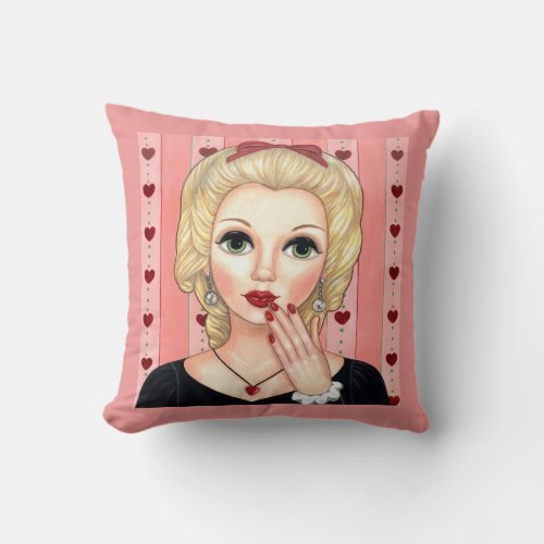 Heart Necklace Girl Blonde Head Vase Luscious Lips Throw Pillow