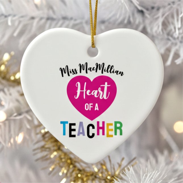 Heart of a Teacher Gift Pink Black Script Ceramic Ornament (Creator Uploaded)