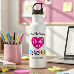 Heart of a Teacher Gift Pink Black Script Stainless Steel Water Bottle