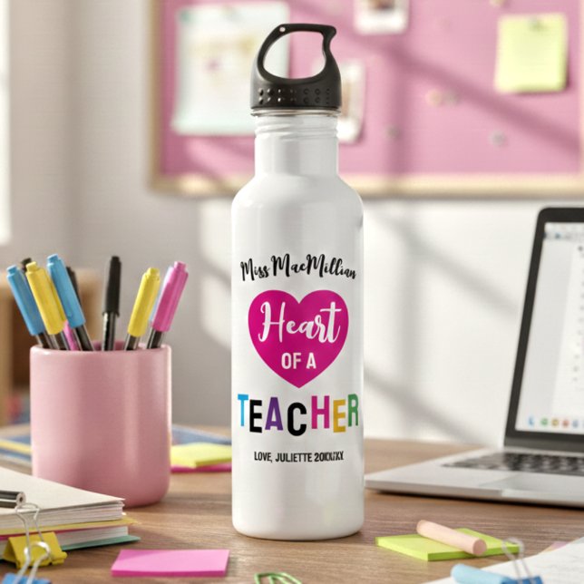 Heart of a Teacher Gift Pink Black Script Stainless Steel Water Bottle (Creator Uploaded)