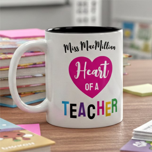 Heart of a Teacher Gift Pink Black Script Two-Tone Coffee Mug (Creator Uploaded)