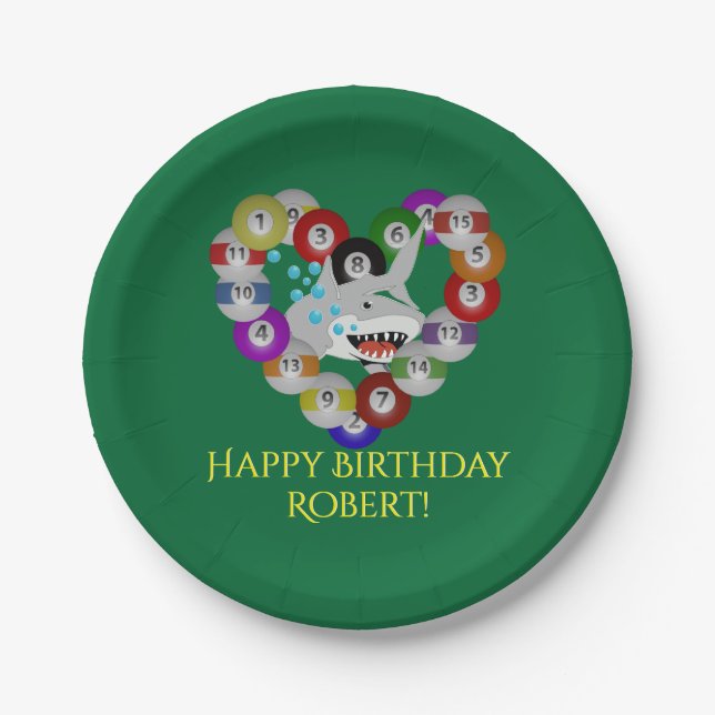 Heart of Billiard Balls Birthday Shark Paper Plates (Front)