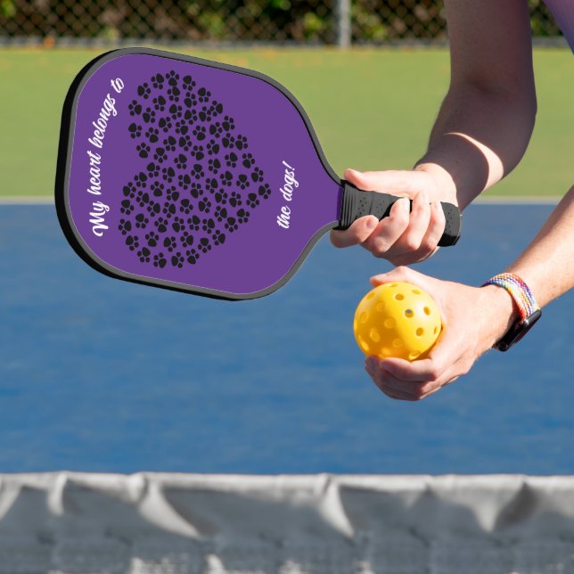 Heart of Black Paw Prints Double Sided Purple Pickleball Paddle (Insitu)