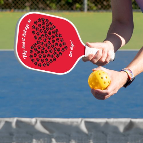 Heart of Black Paw Prints Double Sided Red Pickleball Paddle