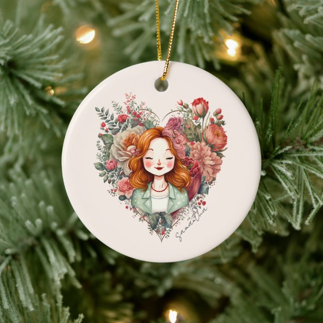 Heart of Blooms - Woman Framed in Floral Heart Ceramic Ornament (Tree)