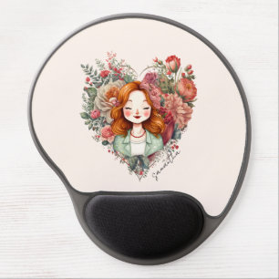 Heart of Blooms - Woman Framed in Floral Heart Gel Mouse Pad