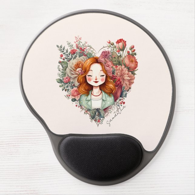 Heart of Blooms - Woman Framed in Floral Heart Gel Mouse Pad (Front)