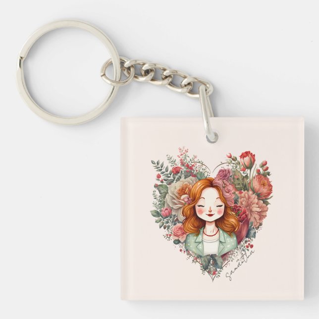 Heart of Blooms - Woman Framed in Floral Heart Keychain (Front)