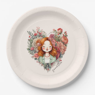 Heart of Blooms - Woman Framed in Floral Heart Paper Plates