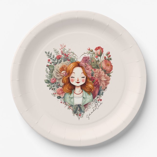 Heart of Blooms - Woman Framed in Floral Heart Paper Plates (Front)