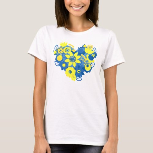 Heart of blue and yellow ethnic Ukrainian flowers  T_Shirt