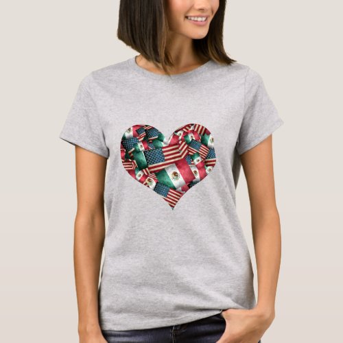 Heart of Mexican and American Flags T_Shirt