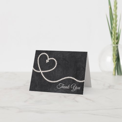 Heart of Pearls on Black Wedding Thank You Card