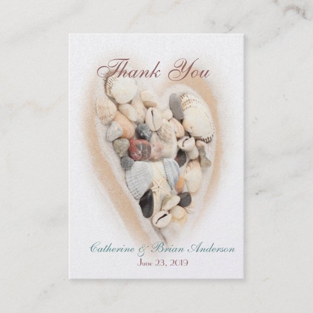 Heart of Seashells Beach Wedding Photo Thank You Business Card (Front)