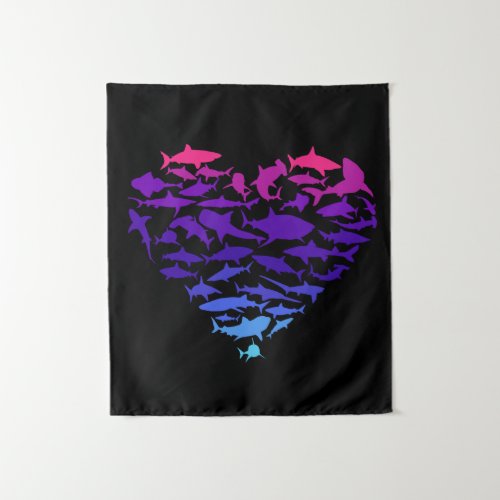Heart of Sharks Shark Lover Colorful Sea Life Tapestry
