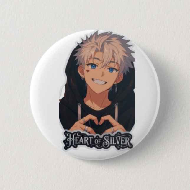 Heart of Silver Anime Boy - Cute Aesthetic Button (Front)