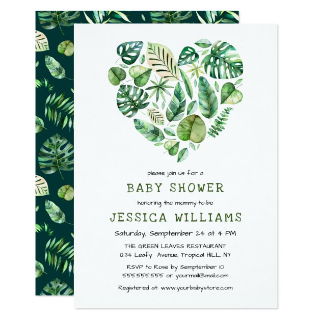 Heart Of Tropical Watercolor Foliage Baby Shower Invitation