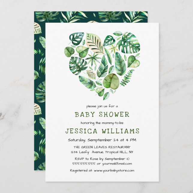 Heart of Tropical Watercolor Foliage Baby Shower Invitation (Front/Back)