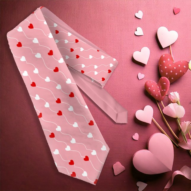 Heart on a String Pattern Red/White ID628 Neck Tie (Creator Uploaded)