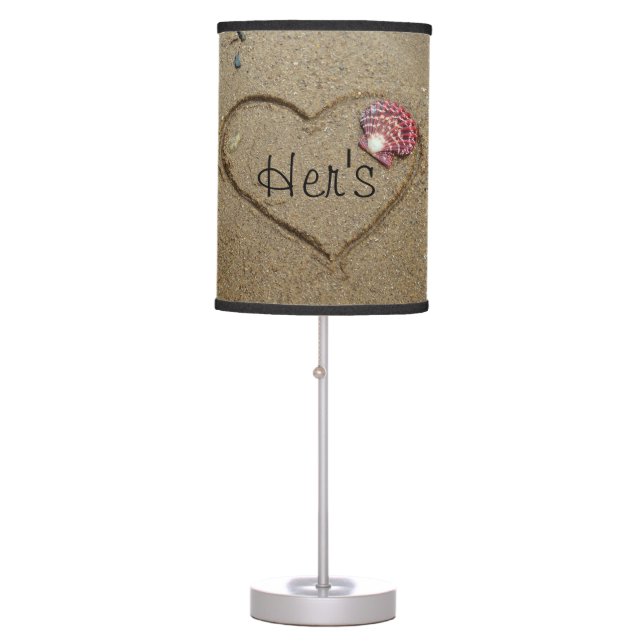 Heart on beach with shells.  His  side Table Lamp (Front)