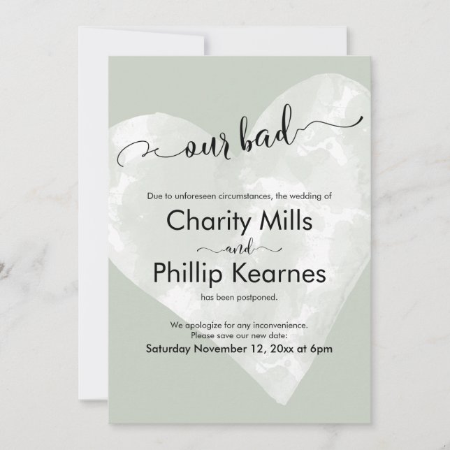 Heart on Sage Green Our Bad Postponed Wedding Card (Front)