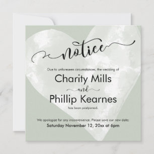 Heart on Sage Green Postponed Wedding Notice Card