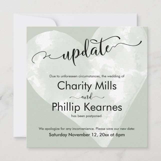Heart on Sage Green Update Postponed Wedding Card (Front)