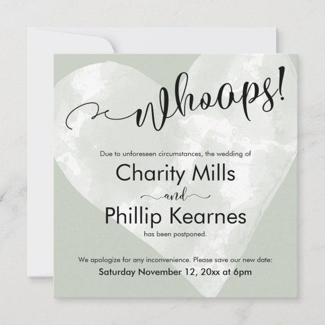 Heart on Sage Green Whoops! Postponed Wedding Card (Front)