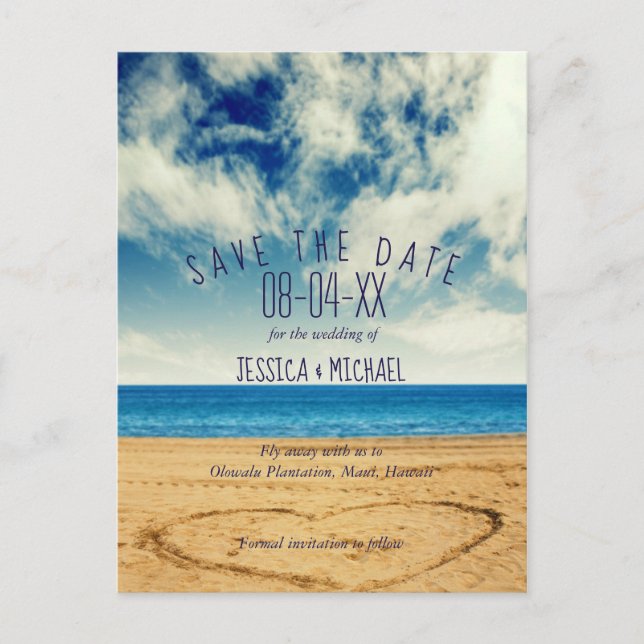 Heart on the Sand Destination Beach Save the Dates Announcement Postcard (Front)